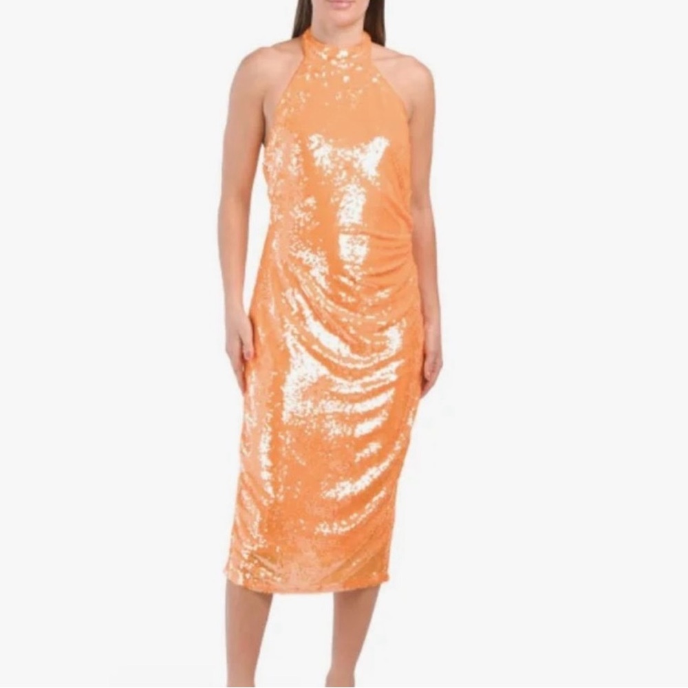 CAROLINE CONSTAS Orange Halter Fully Lined Midi Sequin Dress